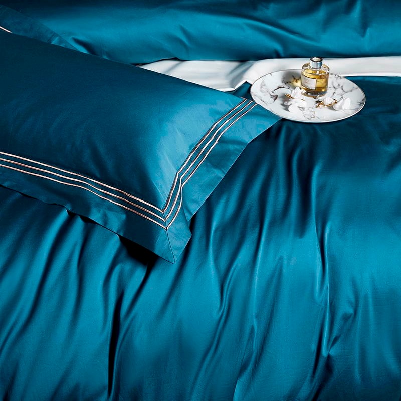 Leila Blue Embroidered Edge Egyptian Cotton Duvet Cover Set