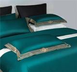 Anahi Green Embroidered Motif Border Egyptian Cotton Duvet Cover Set