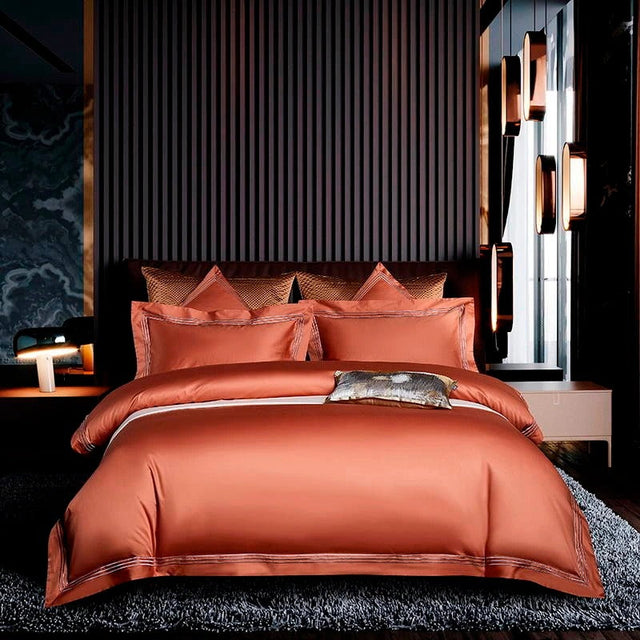 Leila Orange Embroidered Edge Egyptian Cotton Duvet Cover Set Duvet Cover Set - Venetto Design Double / Flat Sheet / 4 Pieces Venettodesign.com