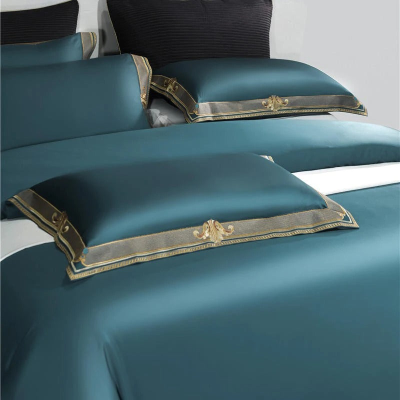 Anahi Teal Blue Embroidered Motif Border Egyptian Cotton Duvet Cover Set