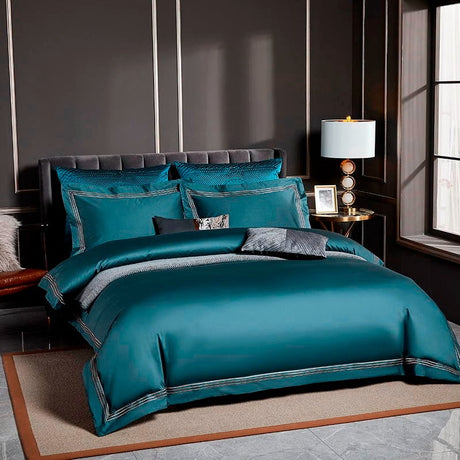 Leila Aqua Green Embroidered Edge Egyptian Cotton Duvet Cover Set