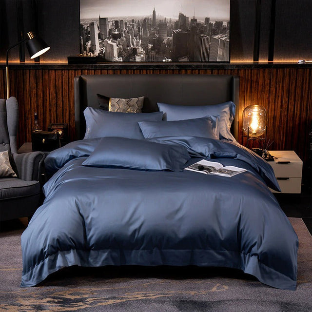 Lakibia Navy Blue Silky Soft Egyptian Cotton Bedding Set Duvet Cover Set - Venetto Design Twin / Fitted Sheet / 4 Pieces Venettodesign.com