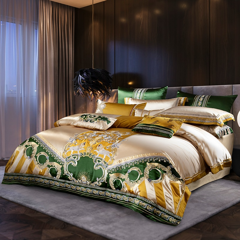 Caroline Green Embroidered Jacquard Satin Duvet Cover Set