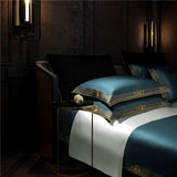 Anahi Teal Blue Embroidered Motif Border Egyptian Cotton Duvet Cover Set