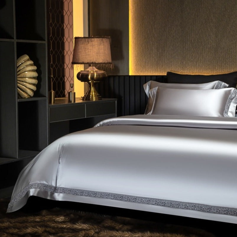 Willa Silver Modern Satin Egyptian Cotton Duvet Cover Set