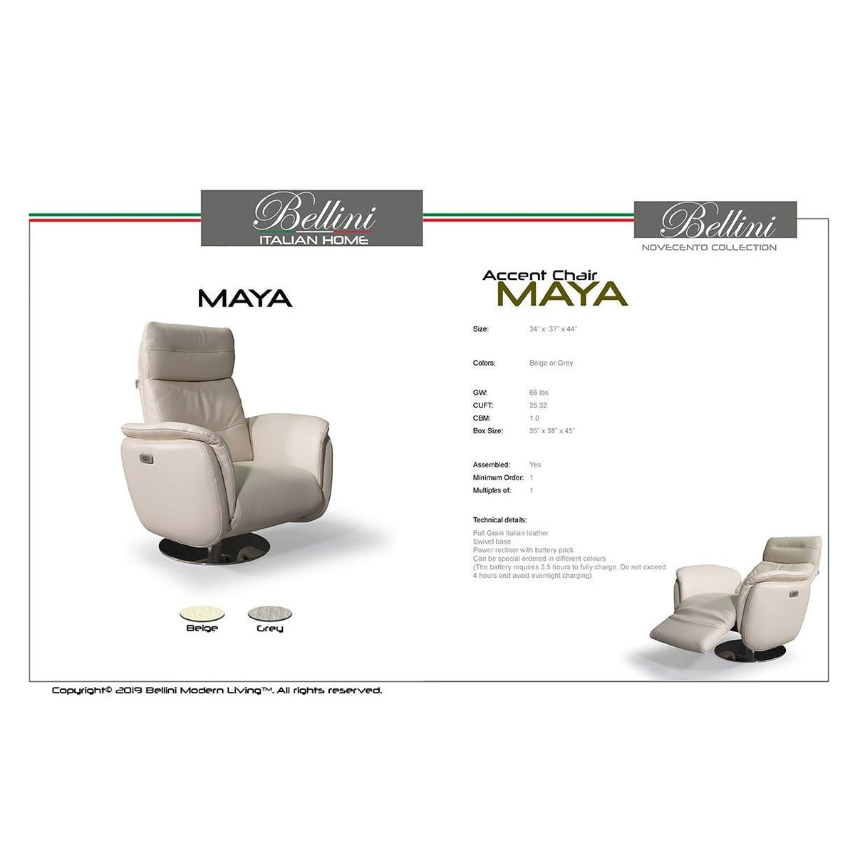 Bellini Modern Living Maya Recliner Chair Grey CAT 50. COL 50865 Maya GRY