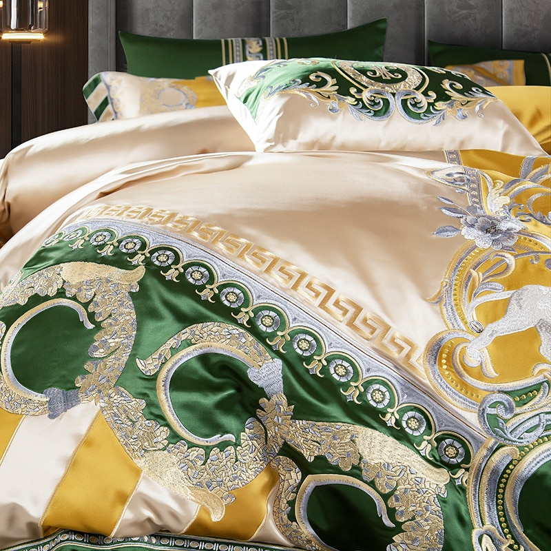 Caroline Green Embroidered Jacquard Satin Duvet Cover Set