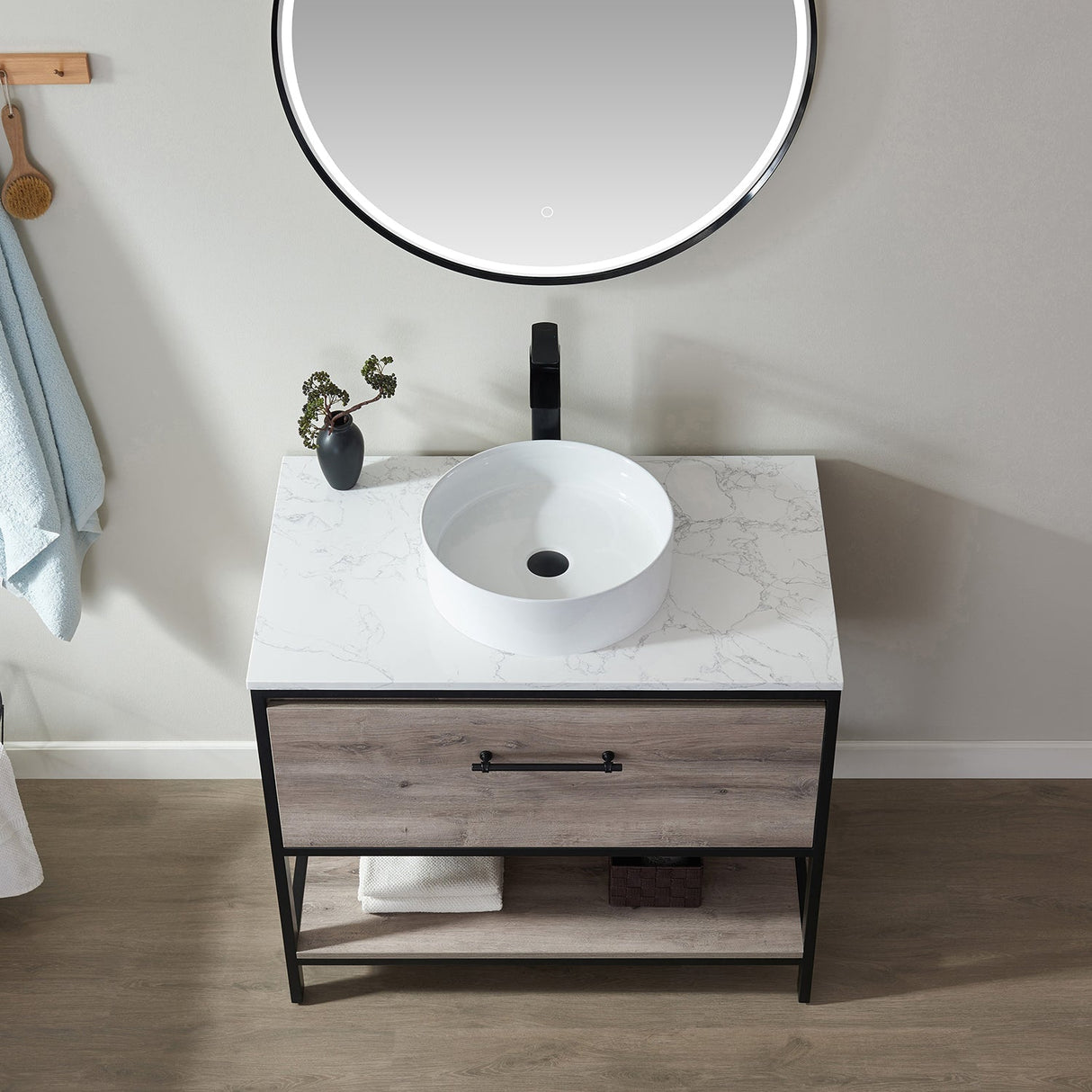 Murcia Vanity in Mexican Oak with White Composite Grain Stone Countertop and Ceramic Vessel Sink