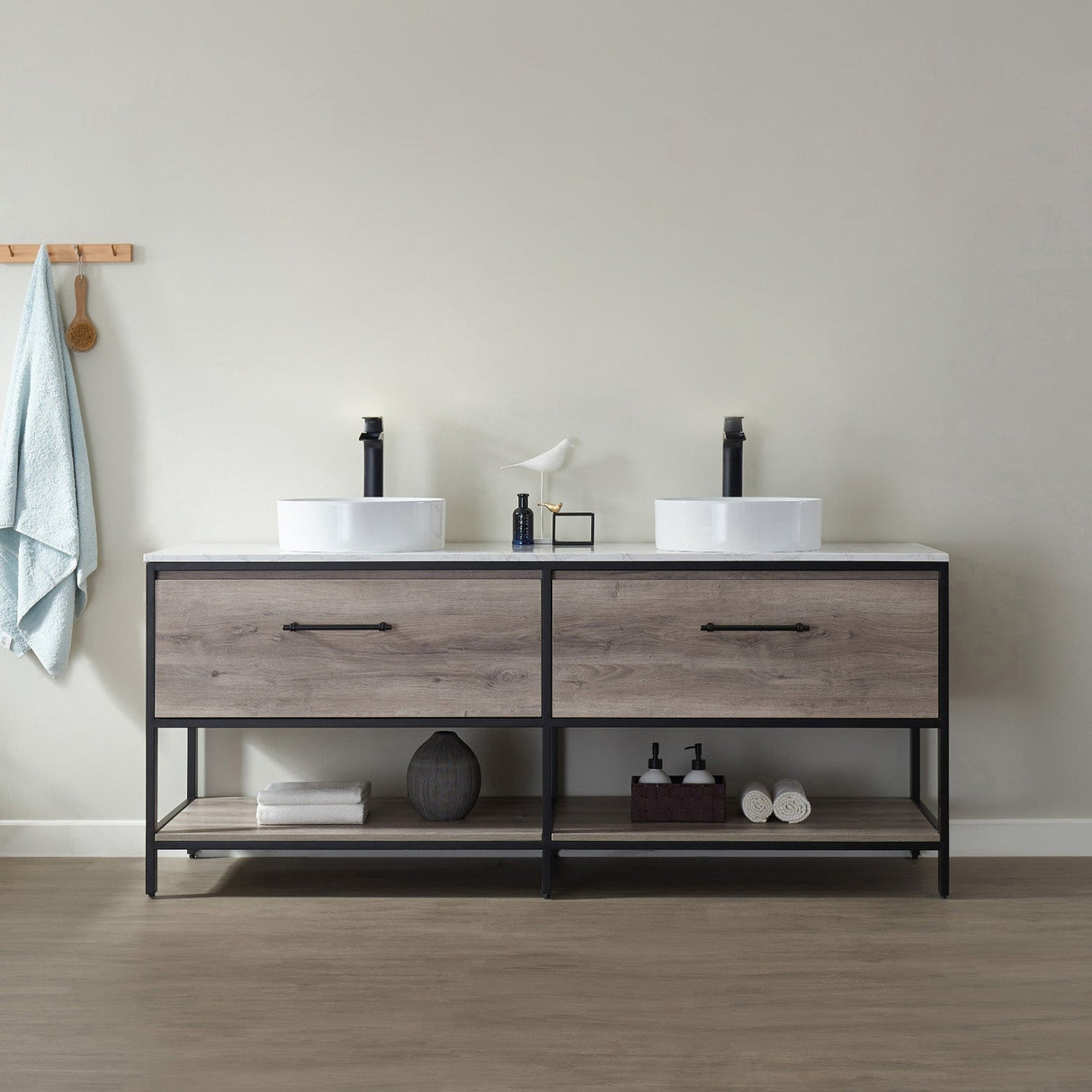 Murcia Vanity in Mexican Oak with White Composite Grain Stone Countertop and Ceramic Vessel Sink