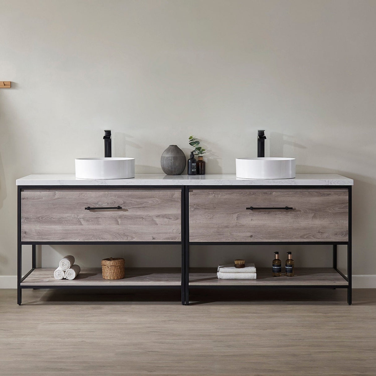 Murcia Vanity in Mexican Oak with White Composite Grain Stone Countertop and Ceramic Vessel Sink