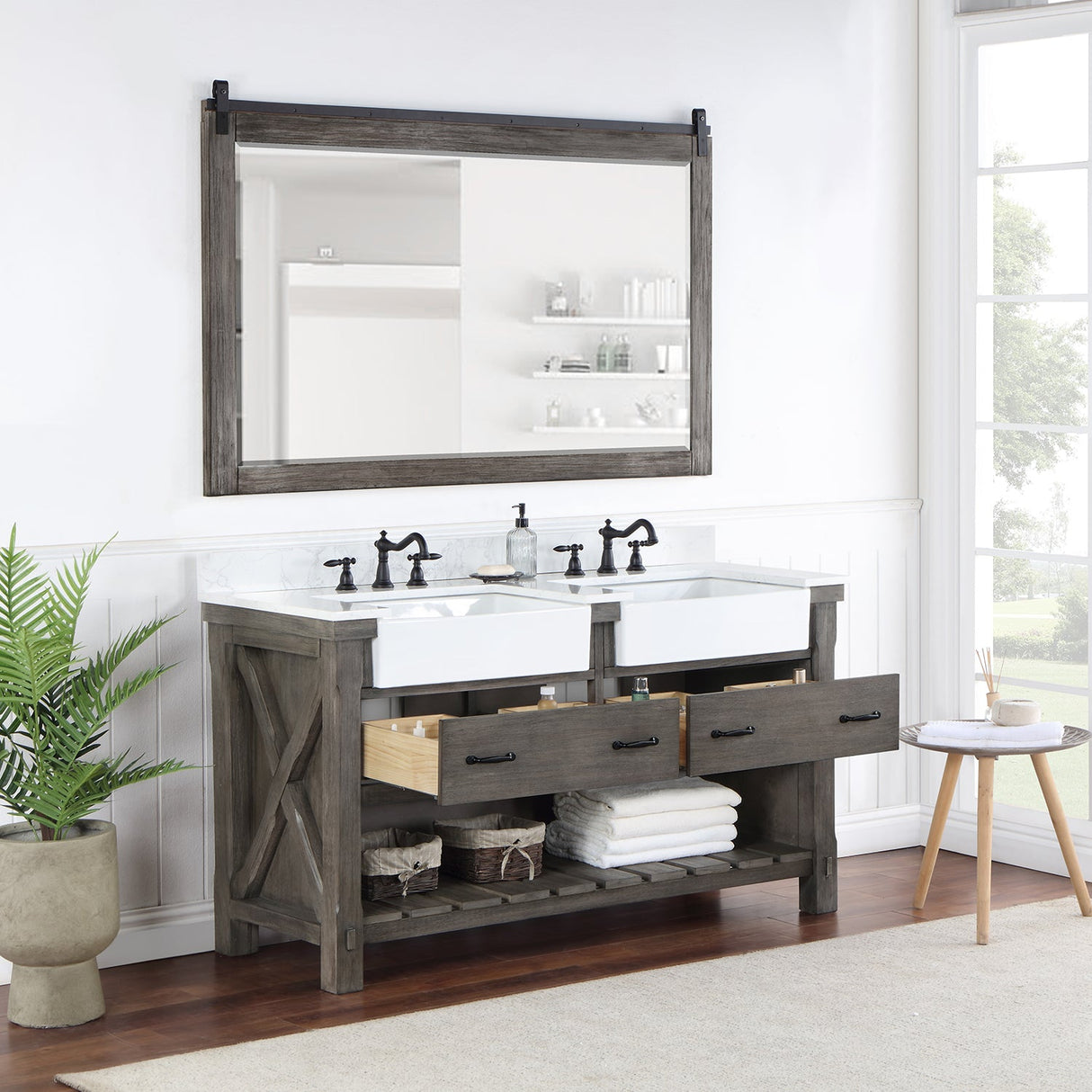 Villareal 60" Double Vanity in Classical Grey with Composite Stone Top in White, White Farmhouse Basin