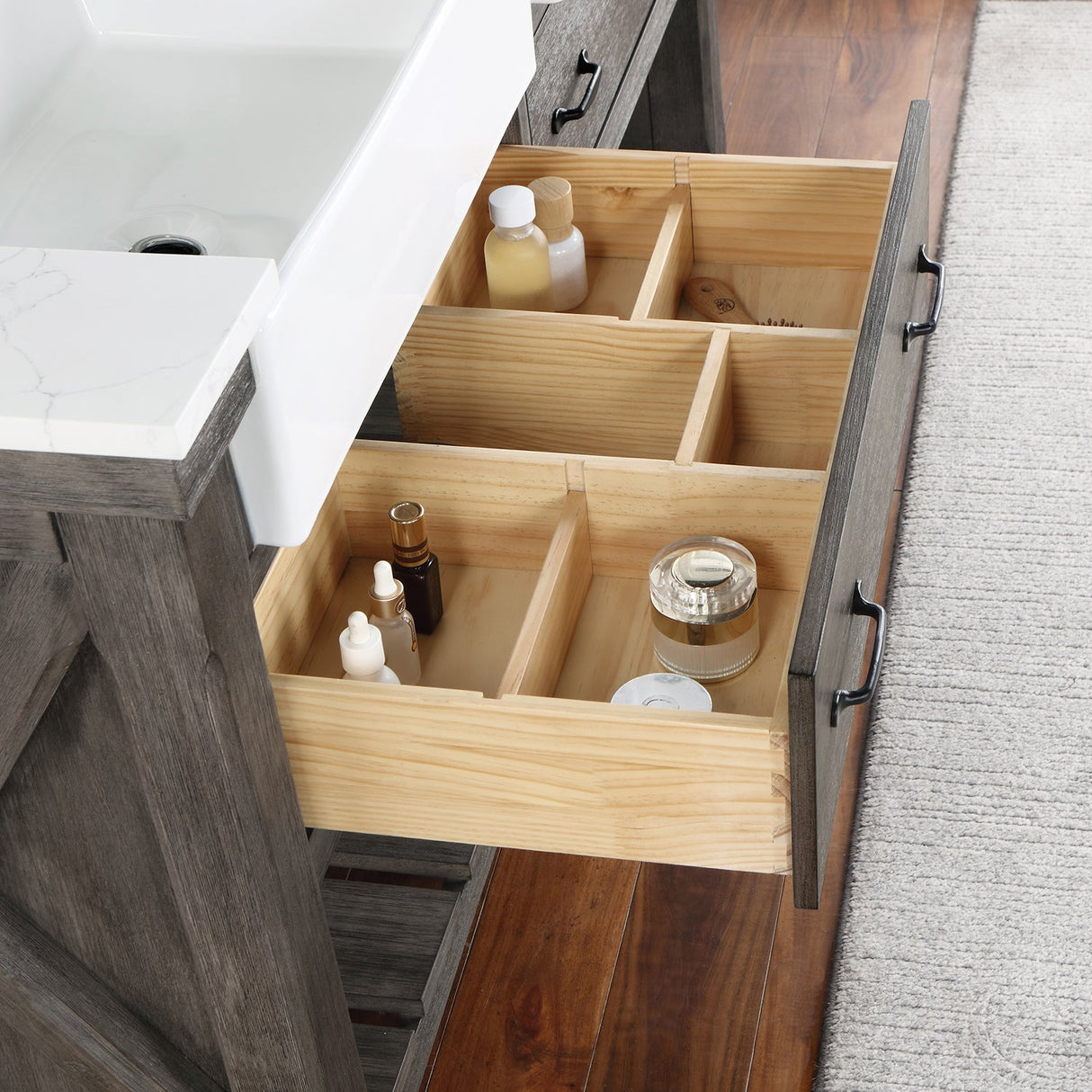 Villareal 60" Double Vanity in Classical Grey with Composite Stone Top in White, White Farmhouse Basin