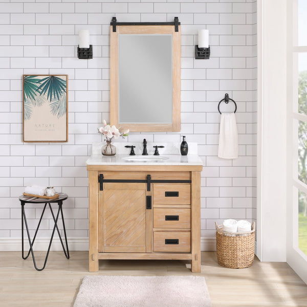 Vinnova Design Cortes 36" Single Sink Bath Vanity in Weathered Pine with White Composite Countertop