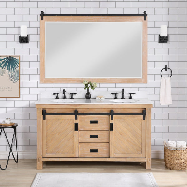 Cortes 60" Double Sink Bath Vanity in Weathered Pine with White Composite Countertop