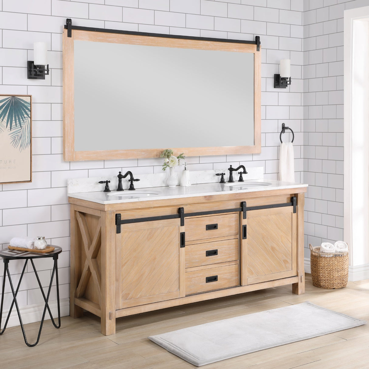 Cortes 72" Double Sink Bath Vanity in Weathered Pine with White Composite Countertop