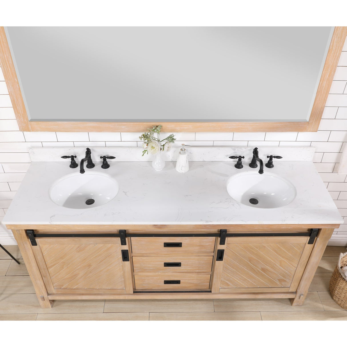 Cortes 72" Double Sink Bath Vanity in Weathered Pine with White Composite Countertop