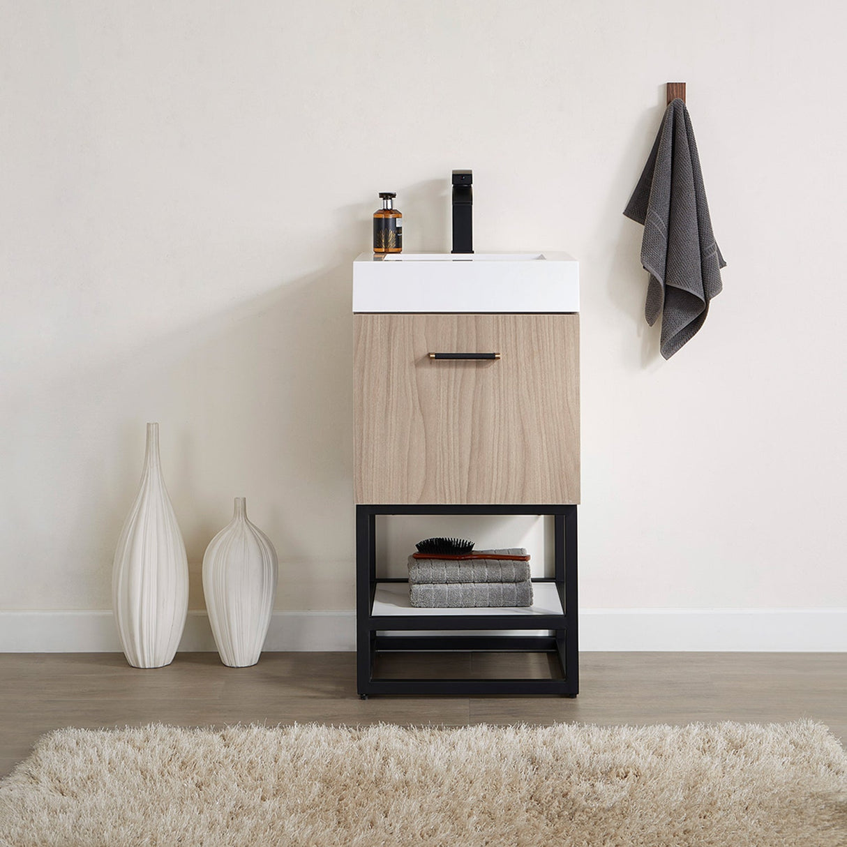 Toledo 18" Single Sink Bath Vanity in Light Walnut with White Composite Integral Square Sink Top