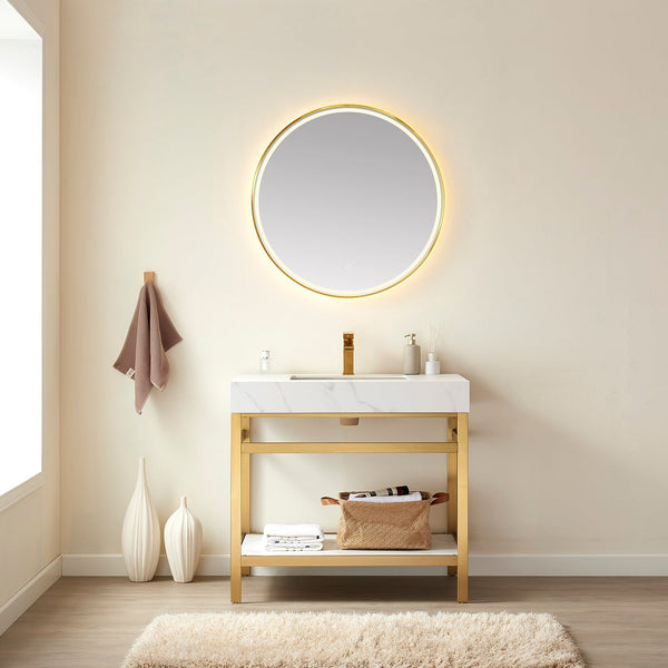 Funes 36" Single Sink Bath Vanity in Brushed Gold Metal Support with White Sintered Stone Top