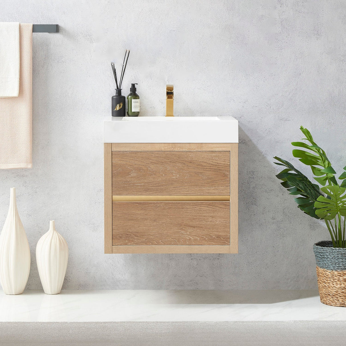 Palencia 24" Single Sink Wall-Mount Bath Vanity in North American Oak with White Composite Integral Square Sink Top