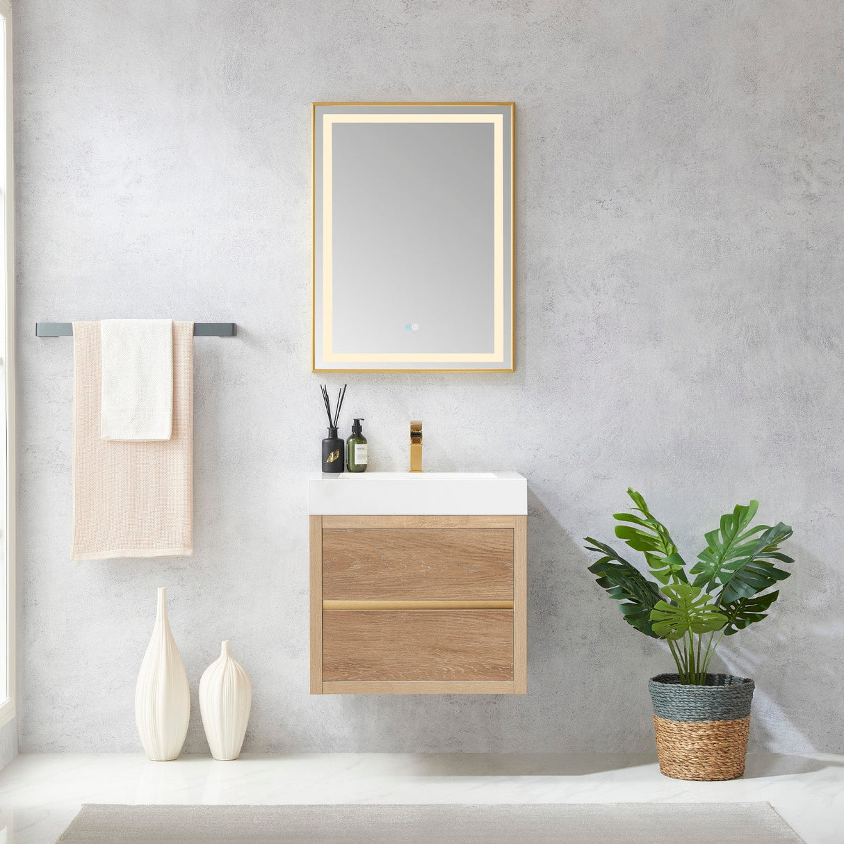 Palencia 24" Single Sink Wall-Mount Bath Vanity in North American Oak with White Composite Integral Square Sink Top