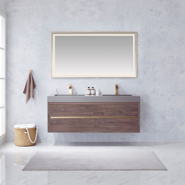 Palencia 60M" Double Sink Wall-Mount Bath Vanity in North Carolina Oak with Grey Composite Integral Square Sink Top