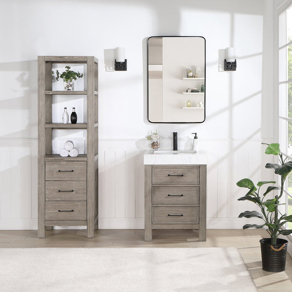 León 24in. Free-standing Single Bathroom Vanity in Fir Wood Grey with Composite top in Lightning White