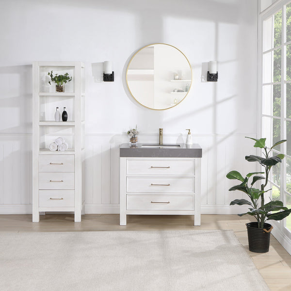 León 36in. Free-standing Single Bathroom Vanity in Fir Wood White with Composite top in Reticulated Grey