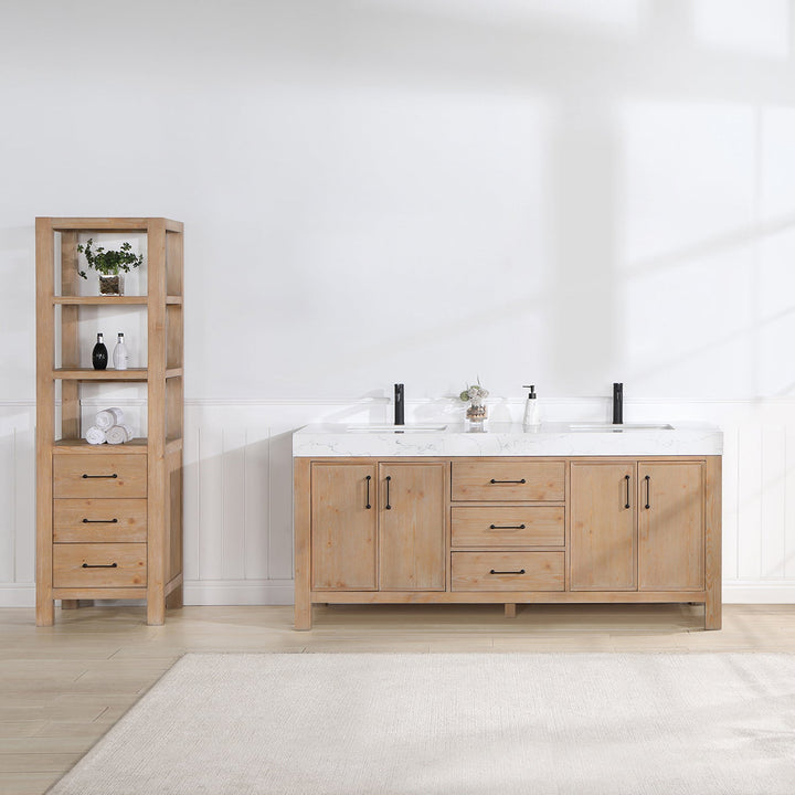 León 72in. Double Bathroom Vanity in Fir Wood Brown with Lightning White Composite Top Without Mirror