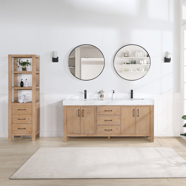 León 72in. Double Bathroom Vanity in Fir Wood Brown with Lightning White Composite Top With Mirror