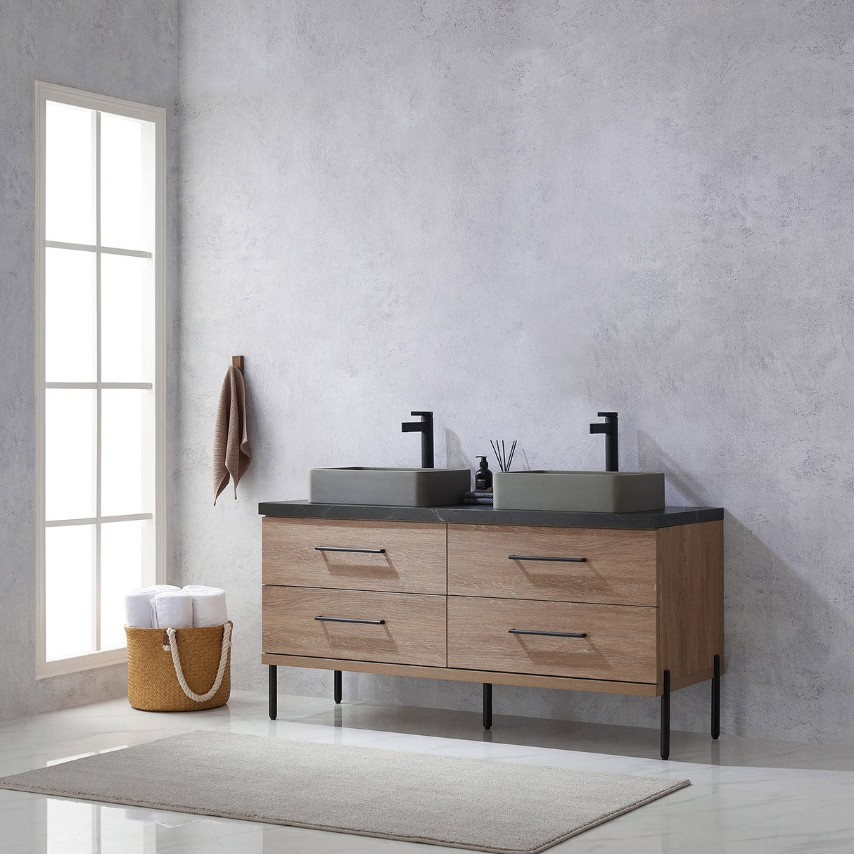 Trento 60" Double Vanity in North American Oak with Black Sintered Stone Top with Rectangular Concrete Sink