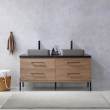 Trento 60" Double Vanity in North American Oak with Black Sintered Stone Top with Rectangular Concrete Sink