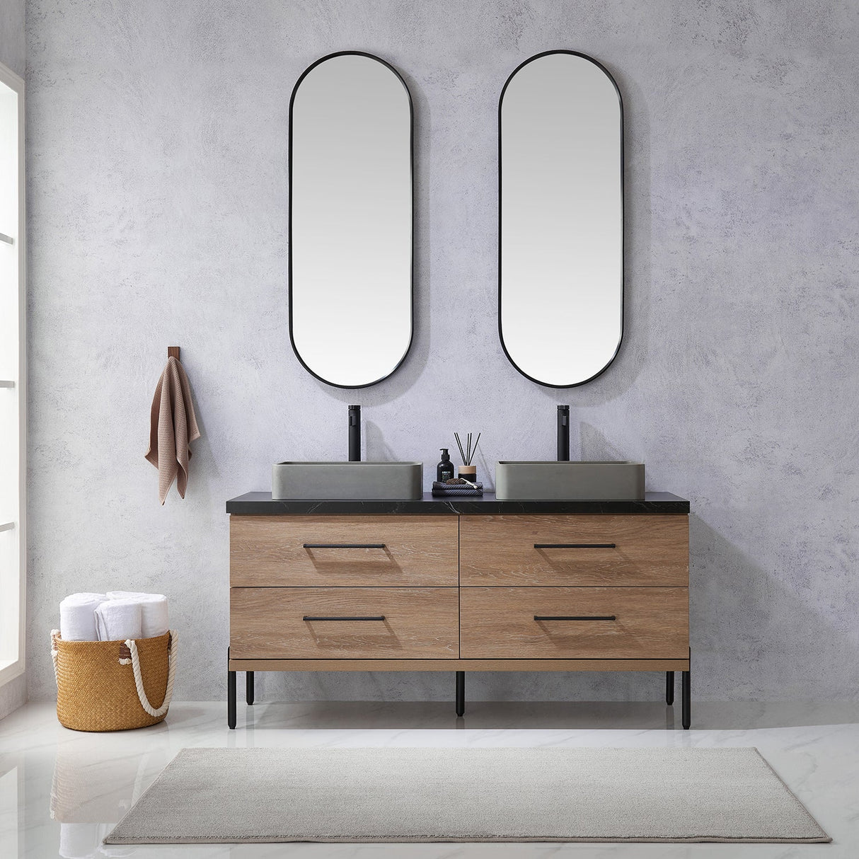 Trento 60" Double Vanity in North American Oak with Black Sintered Stone Top with Rectangular Concrete Sink