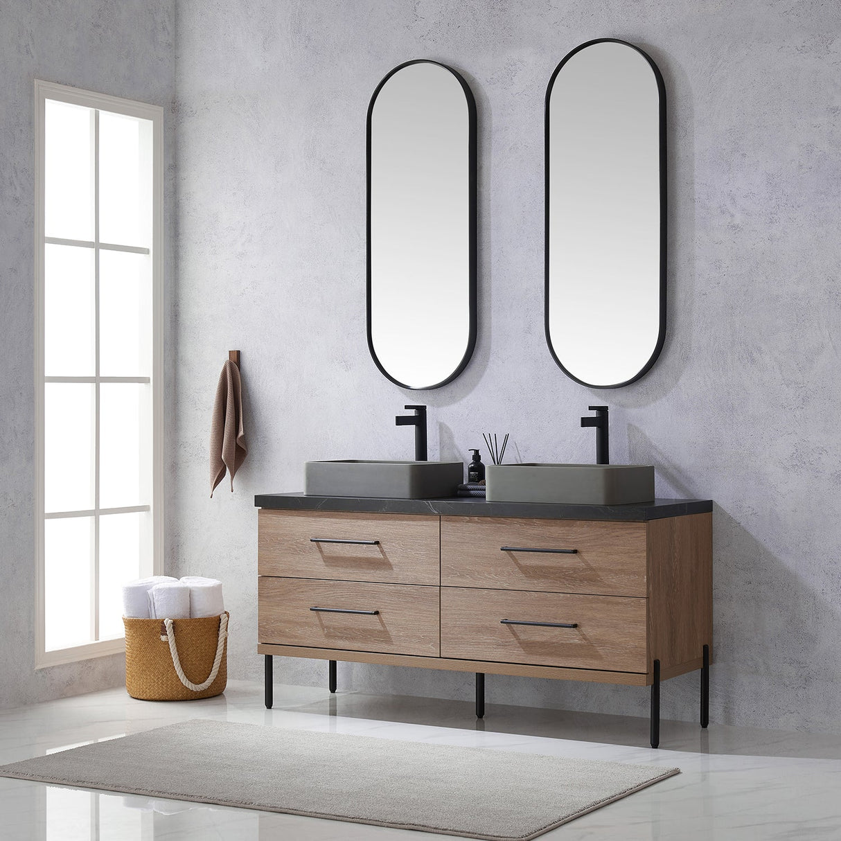 Trento 60" Double Vanity in North American Oak with Black Sintered Stone Top with Rectangular Concrete Sink