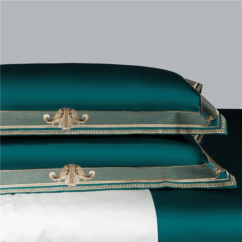 Anahi Green Embroidered Motif Border Egyptian Cotton Duvet Cover Set