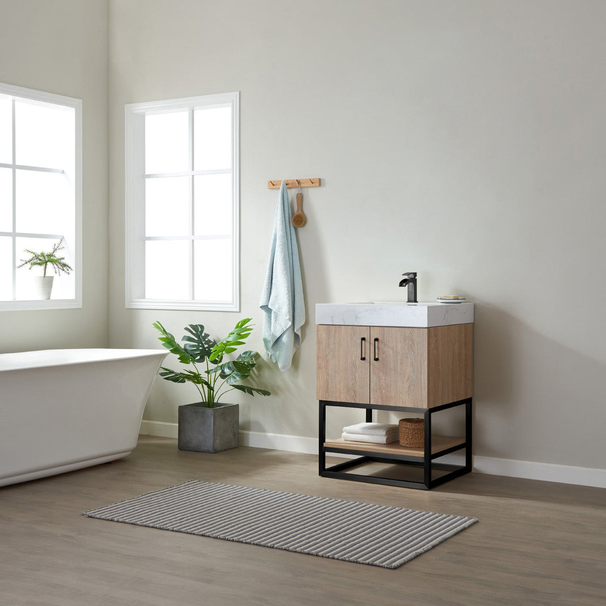 Alistair 24B" Single Vanity in North American Oak with White Grain Stone Countertop