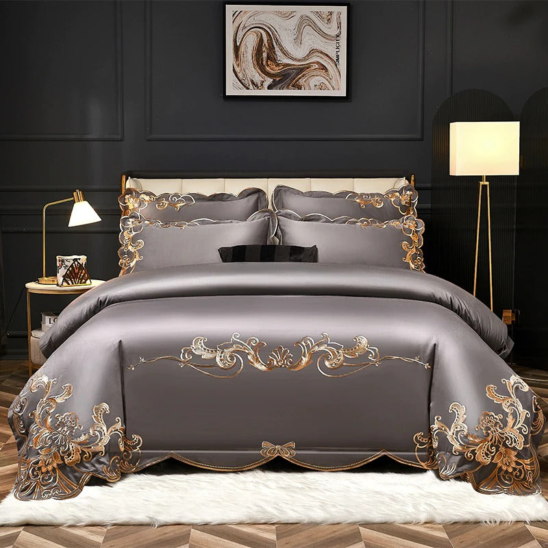 Miriam Grey Embroidered Cotton Duvet Cover Set Duvet Cover Set - Point Design Queen / Flat Sheet pointdsgn.com