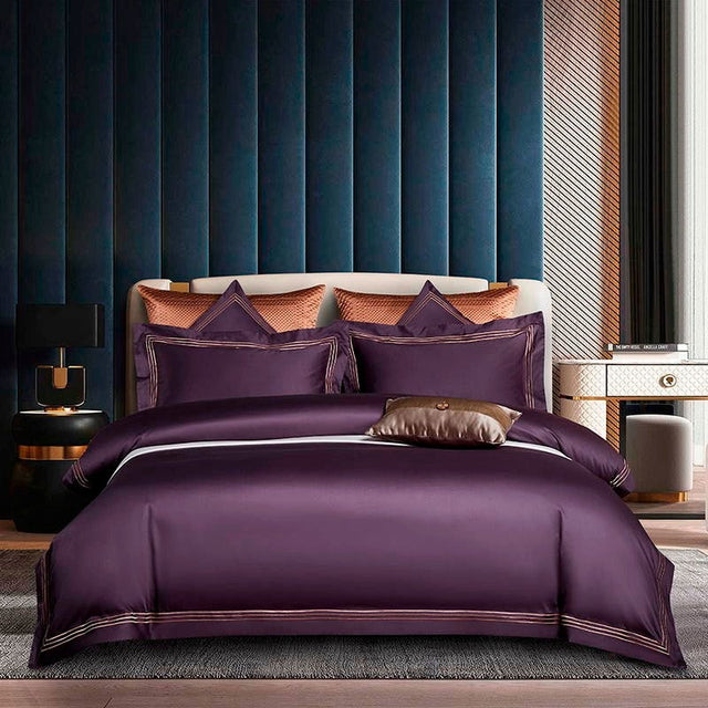 Leila Purple Embroidered Edge Egyptian Cotton Duvet Cover Set Duvet Cover Set - Venetto Design Double / Flat Sheet / 4 Pieces Venettodesign.com