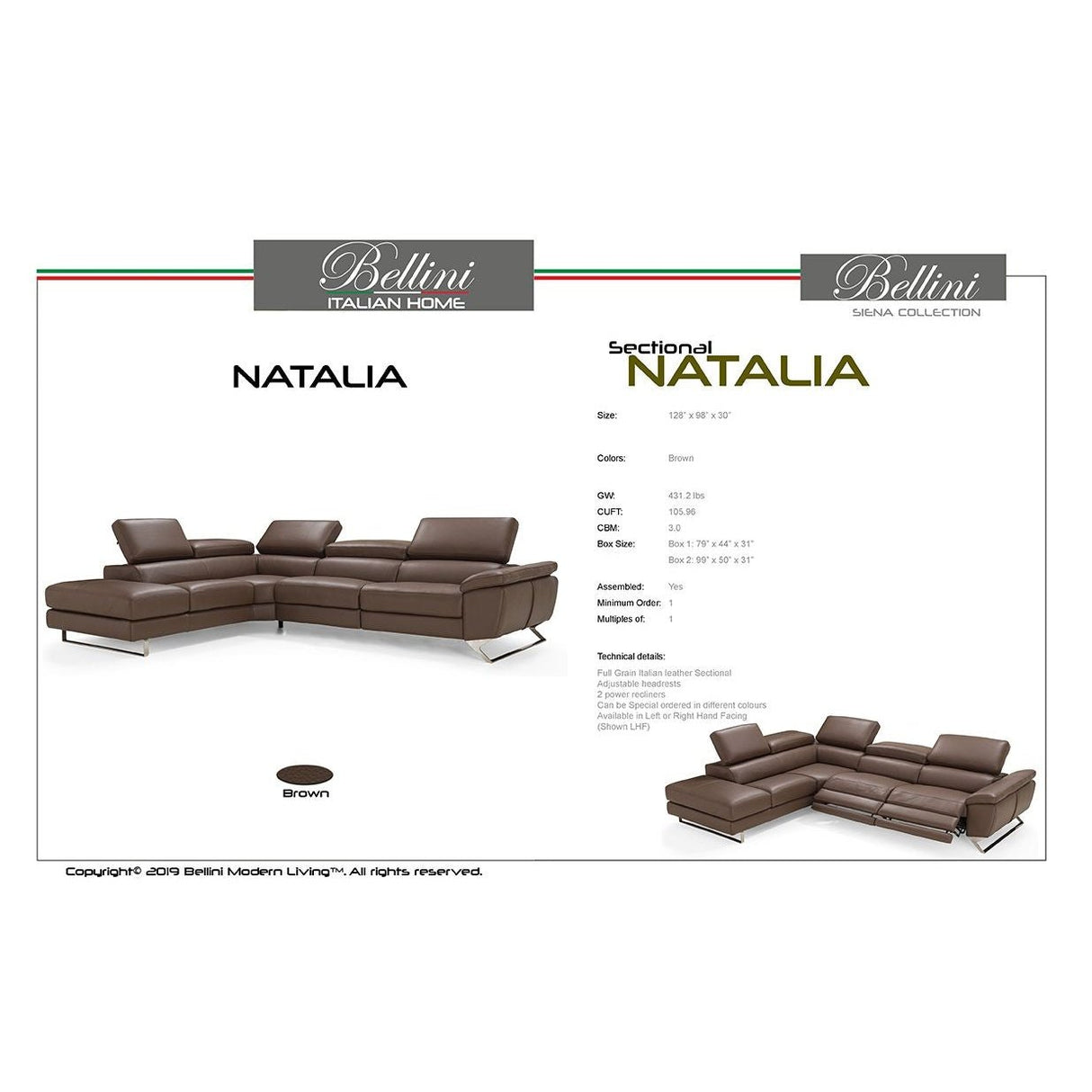 Bellini Modern Living Natalia Right Hand Facing Brown DANDY 03 Natalia RHF BRW