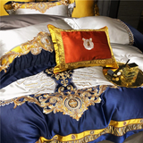 Daniella Blue Damask Embroidered Satin Egyptian Cotton Duvet Cover Set