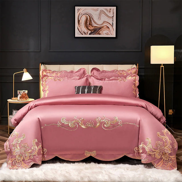 Miriam Pink Embroidered Cotton Duvet Cover Set Duvet Cover Set - Point Design Queen / Flat Sheet pointdsgn.com