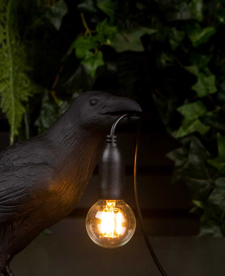 Side View of the Raven Lamp with a Geometric Pattern Shade