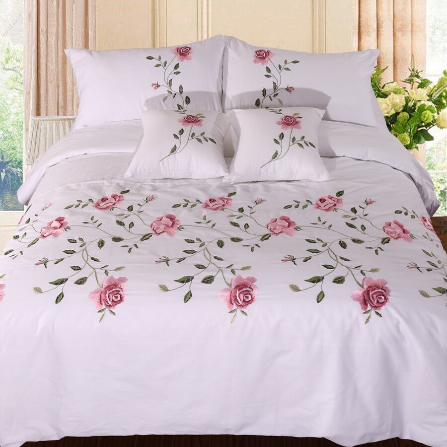 Ruzanna Flowers Embroidered Cotton Soft Bedding set Duvet Cover Set - Point Design White / Full | 4 Pieces pointdsgn.com