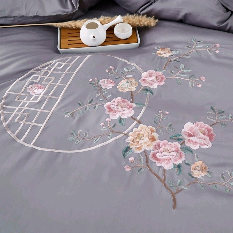 Priscilla Floral Embroidered Egyptian Cotton Duvet Cover Set