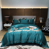 Emer Gold Embroidered Panel Egyptian Cotton Duvet Cover Set Duvet Cover Set - Point Design Teal Blue / Queen / Flat Sheet pointdsgn.com