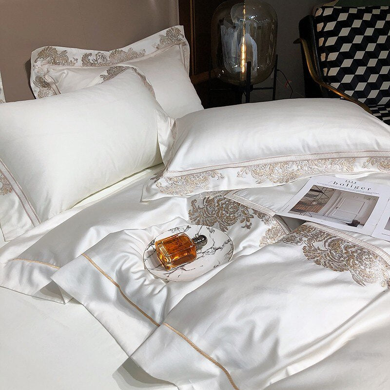 Emer Gold Embroidered Panel Egyptian Cotton Duvet Cover Set