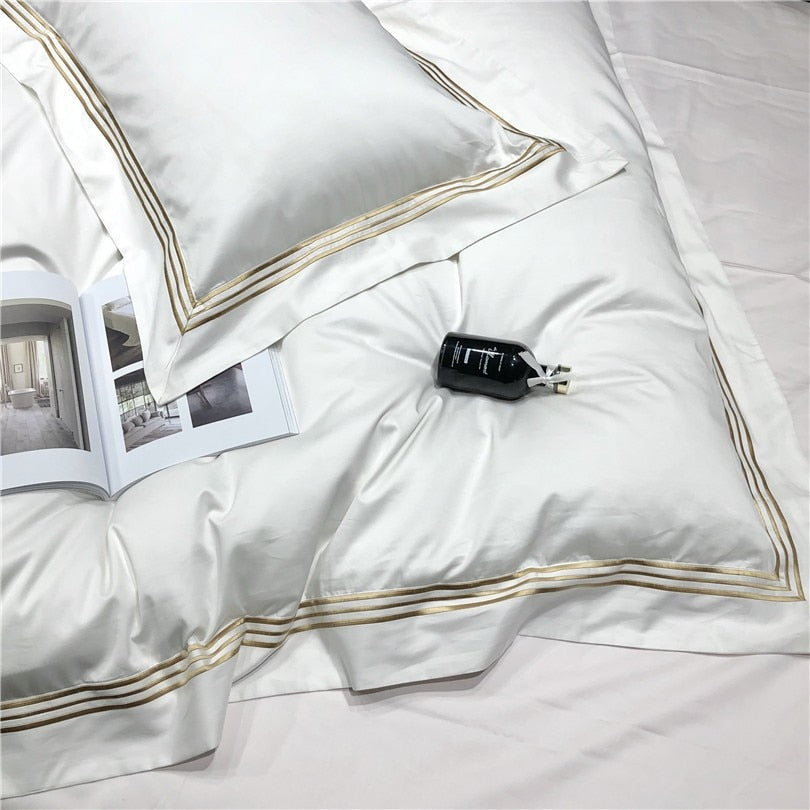 Victoria Embroidered Lined Border Egyptian Cotton Duvet Cover Set