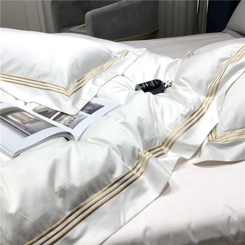 Victoria Embroidered Lined Border Egyptian Cotton Duvet Cover Set