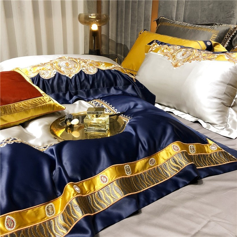 Daniella Blue Damask Embroidered Satin Egyptian Cotton Duvet Cover Set