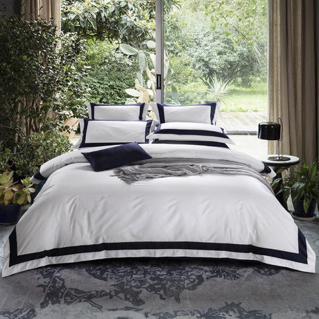 Degella Dark Blue Stripe Egyptian Cotton Luxury White Duvet Cover Set Duvet Cover Set - Point Design King / Flat Sheet / 4 Pieces pointdsgn.com