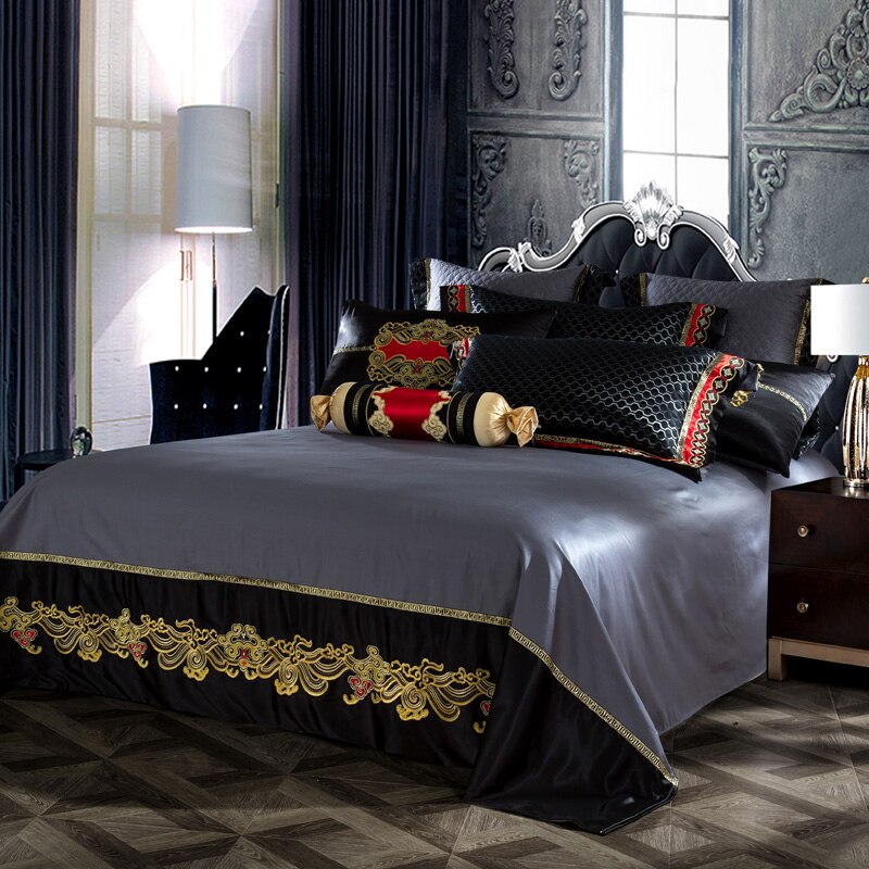 Bartedo Black Satin Egyptian Cotton Luxury Royal Duvet Cover Set